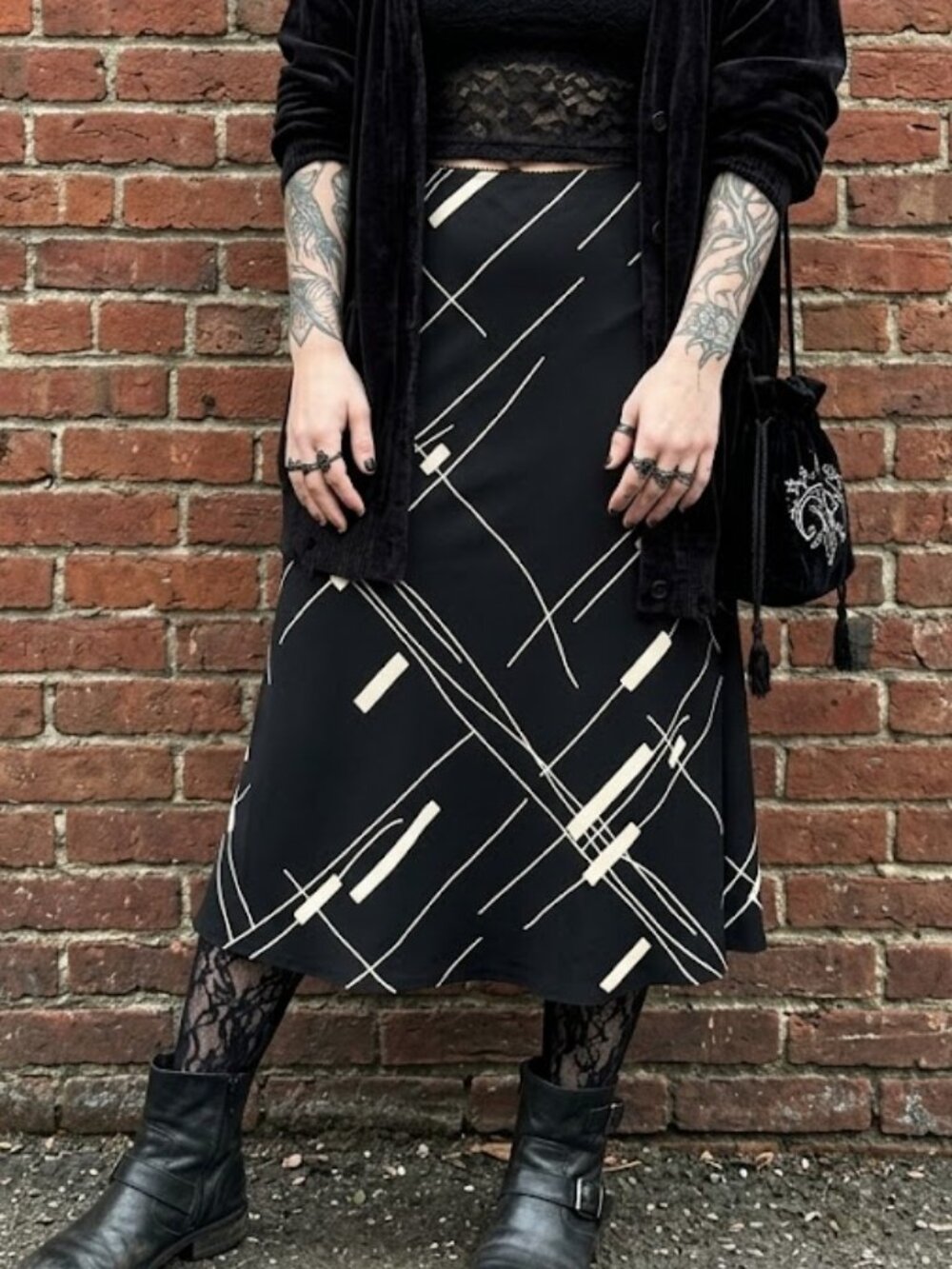 Intriguing Threads Black White Geometric Print Maxi Skirt Sz 6 A-Line Retro